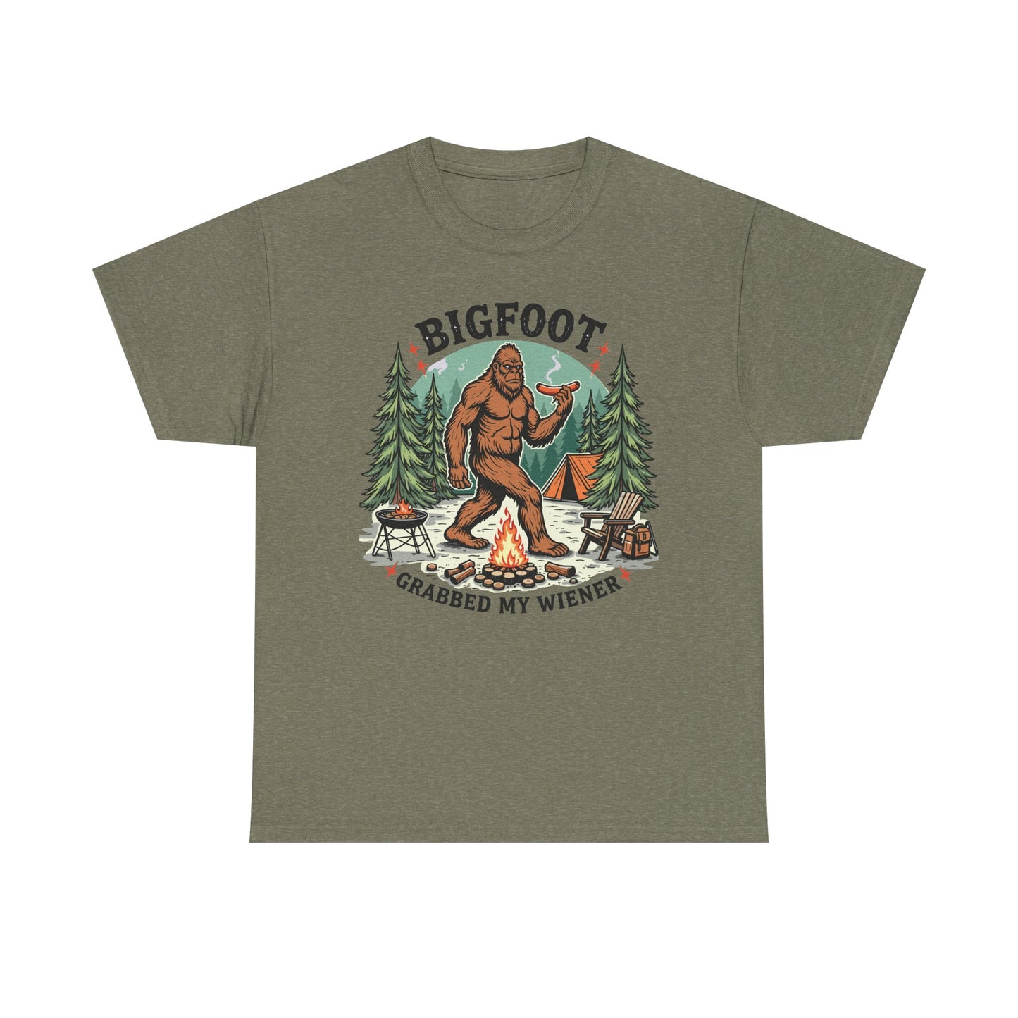 Bigfoot Campfire T-Shirt — "Bigfoot Grabbed My Wiener" Funny Camping Tee