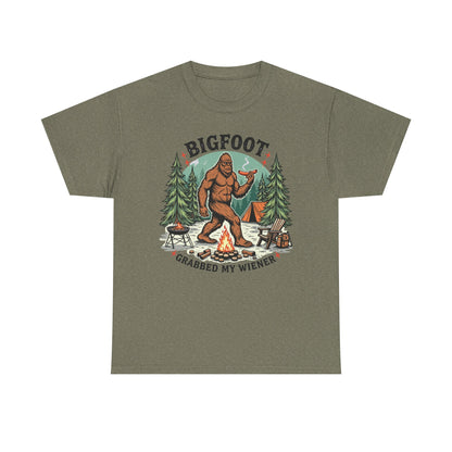 Bigfoot Campfire T-Shirt — "Bigfoot Grabbed My Wiener" Funny Camping Tee
