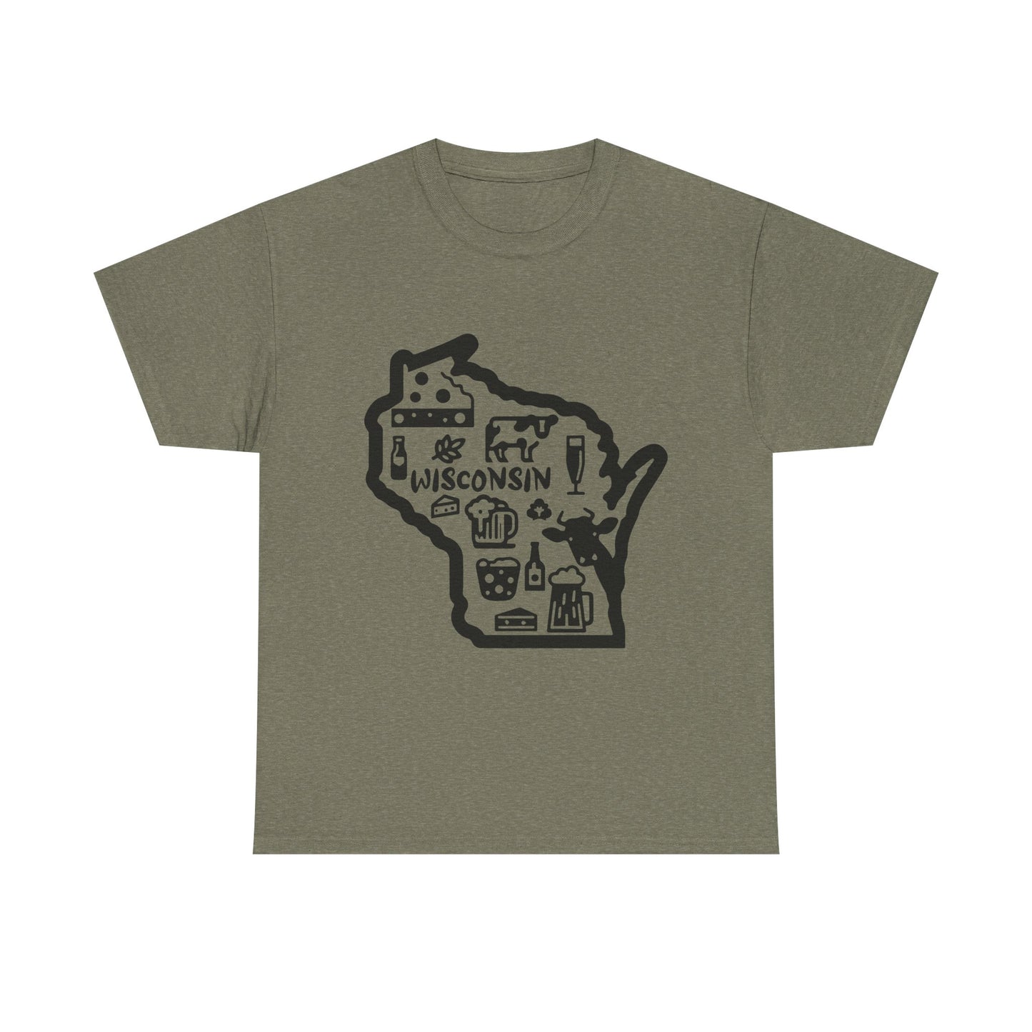 Wisconsin State Map Tee — Icons of Cheese, Beer & Outdoor Life