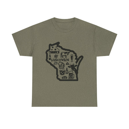 Wisconsin State Map Tee — Icons of Cheese, Beer & Outdoor Life