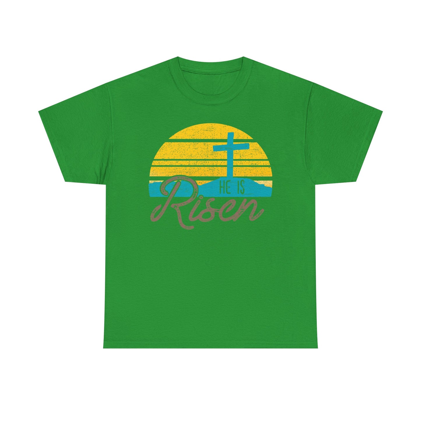 He Is Risen T-Shirt — Vintage Sunrise Cross Easter Tee