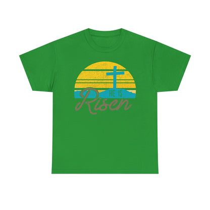 He Is Risen T-Shirt — Vintage Sunrise Cross Easter Tee