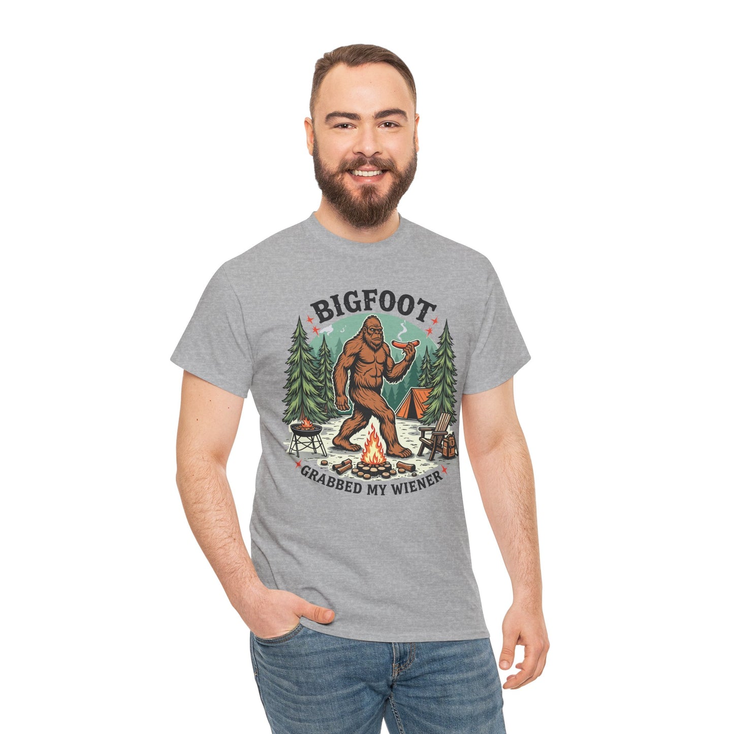 Bigfoot Campfire T-Shirt — "Bigfoot Grabbed My Wiener" Funny Camping Tee