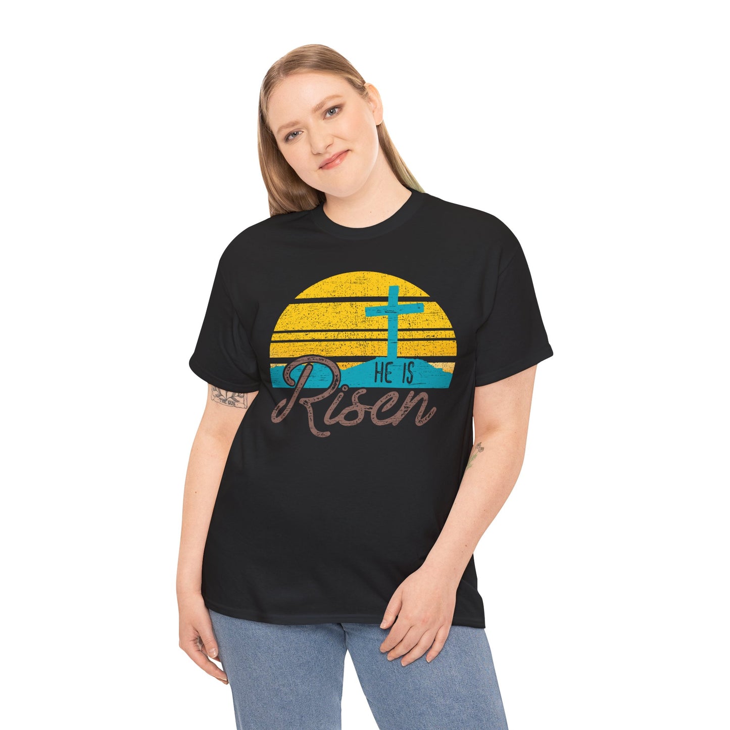 He Is Risen T-Shirt — Vintage Sunrise Cross Easter Tee