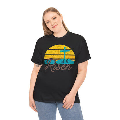 He Is Risen T-Shirt — Vintage Sunrise Cross Easter Tee