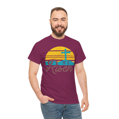 He Is Risen T-Shirt — Vintage Sunrise Cross Easter Tee