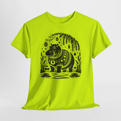 Elephant Folk Art Tee — Decorative Black Elephant Graphic T-Shirt