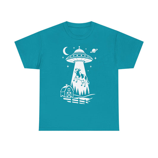 Teal T-shirt with a white UFO beaming up a cow above a barn on the front.