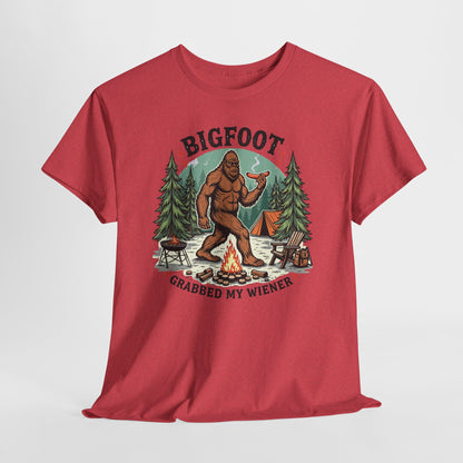 Bigfoot Campfire T-Shirt — "Bigfoot Grabbed My Wiener" Funny Camping Tee
