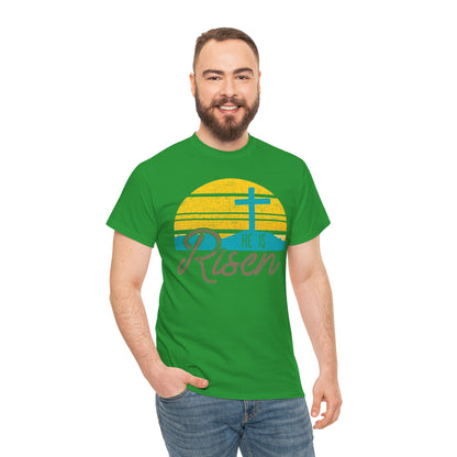 He Is Risen T-Shirt — Vintage Sunrise Cross Easter Tee