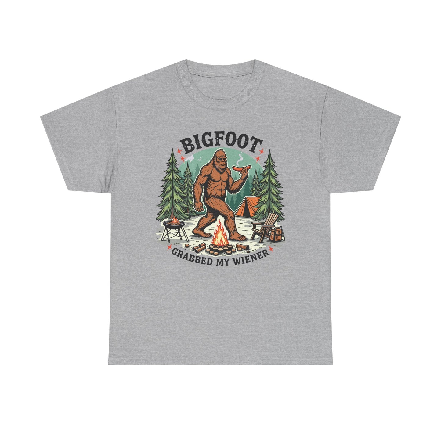 Bigfoot Campfire T-Shirt — "Bigfoot Grabbed My Wiener" Funny Camping Tee