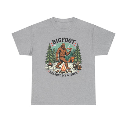 Bigfoot Campfire T-Shirt — "Bigfoot Grabbed My Wiener" Funny Camping Tee