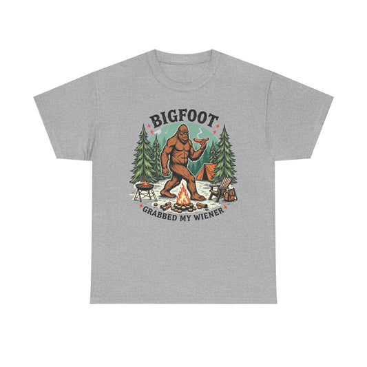 Bigfoot Campfire T-Shirt — "Bigfoot Grabbed My Wiener" Funny Camping Tee