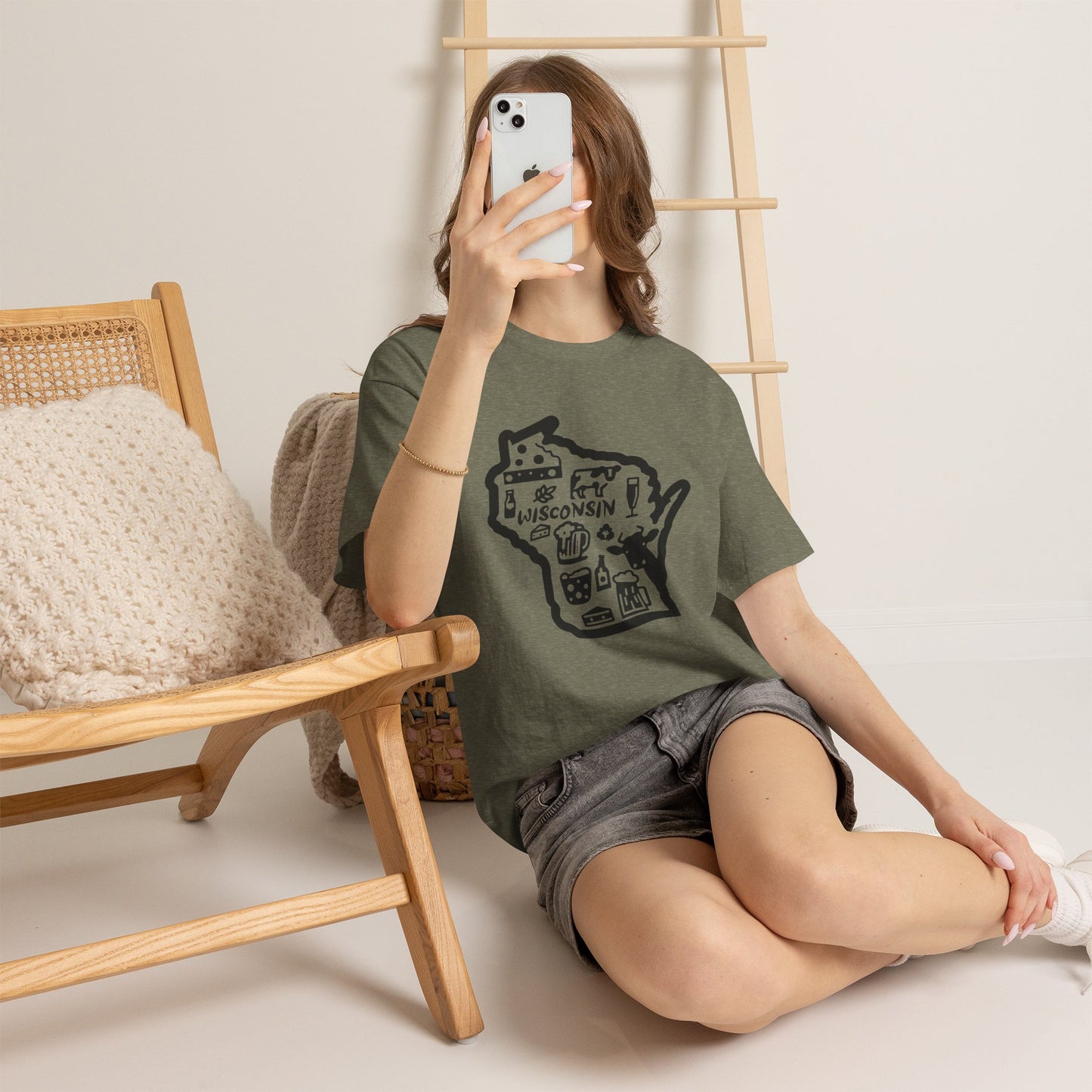Wisconsin State Map Tee — Icons of Cheese, Beer & Outdoor Life