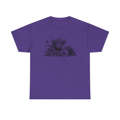 Highland Cow & Sunflowers T‑Shirt — Vintage Farm Animal Graphic Tee