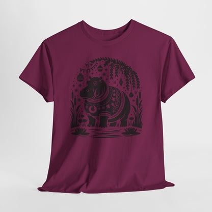 Elephant Folk Art Tee — Decorative Black Elephant Graphic T-Shirt