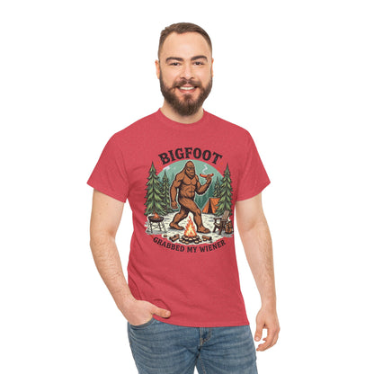 Bigfoot Campfire T-Shirt — "Bigfoot Grabbed My Wiener" Funny Camping Tee