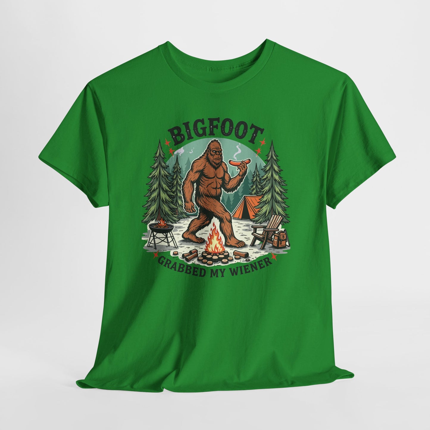 Bigfoot Campfire T-Shirt — "Bigfoot Grabbed My Wiener" Funny Camping Tee