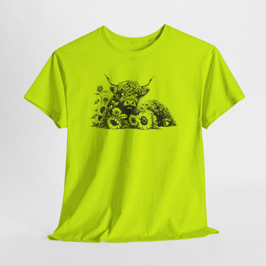 Highland Cow & Sunflowers T‑Shirt — Vintage Farm Animal Graphic Tee