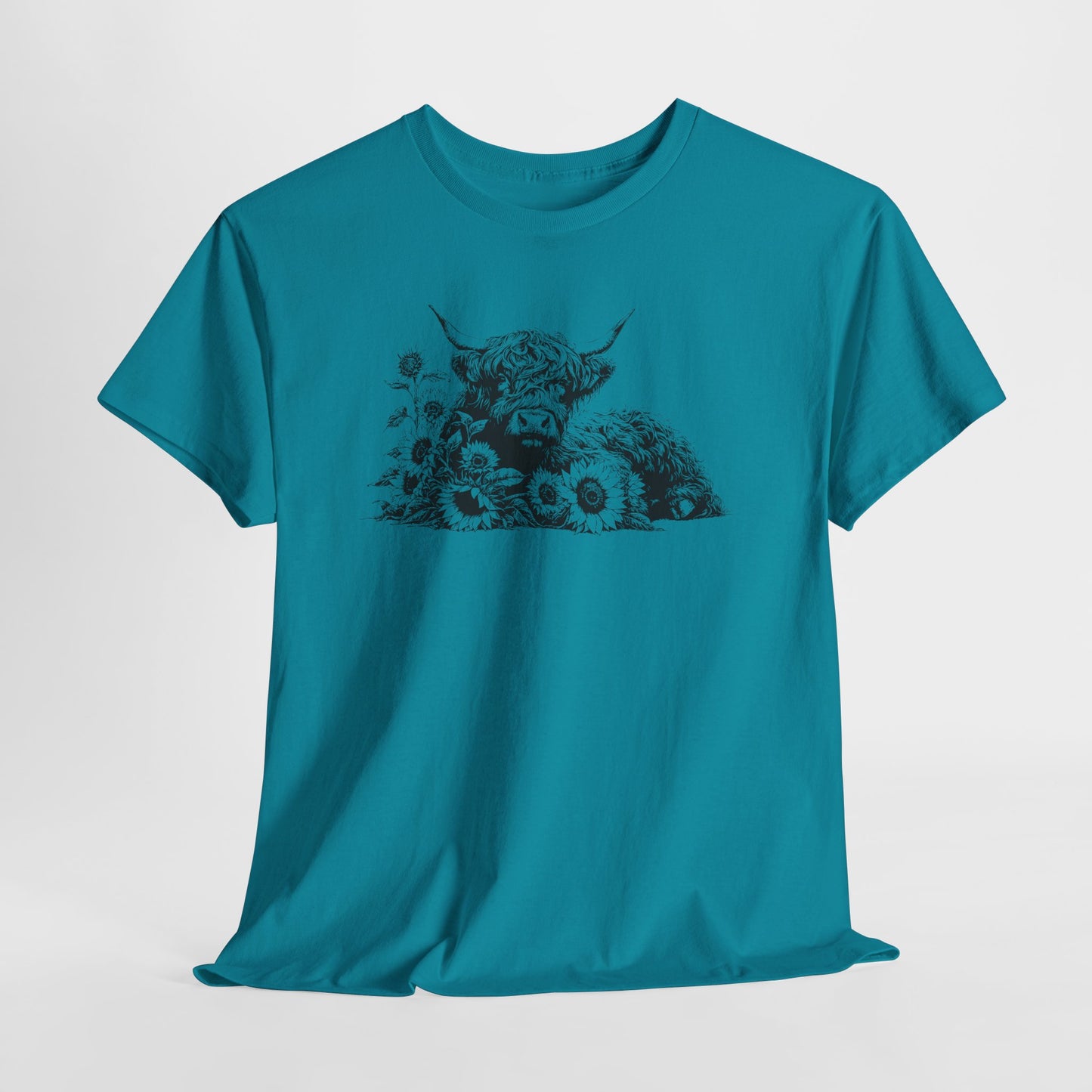 Highland Cow & Sunflowers T‑Shirt — Vintage Farm Animal Graphic Tee