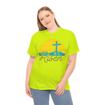 He Is Risen T-Shirt — Vintage Sunrise Cross Easter Tee