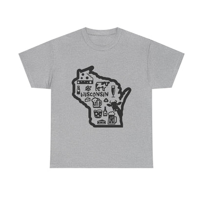 Wisconsin State Map Tee — Icons of Cheese, Beer & Outdoor Life