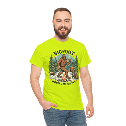 Bigfoot Campfire T-Shirt — "Bigfoot Grabbed My Wiener" Funny Camping Tee