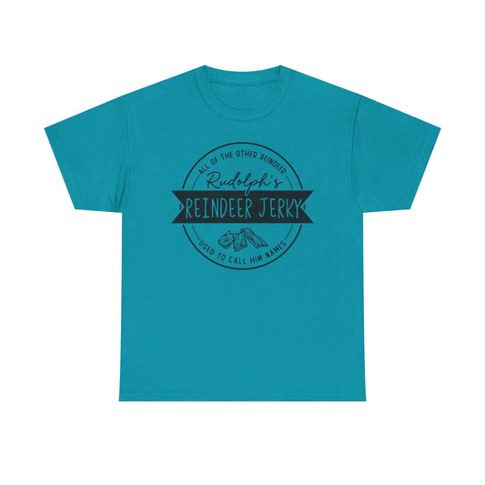 Reindeer Jerky Vintage Badge Tee — Funny Christmas Holiday Shirt