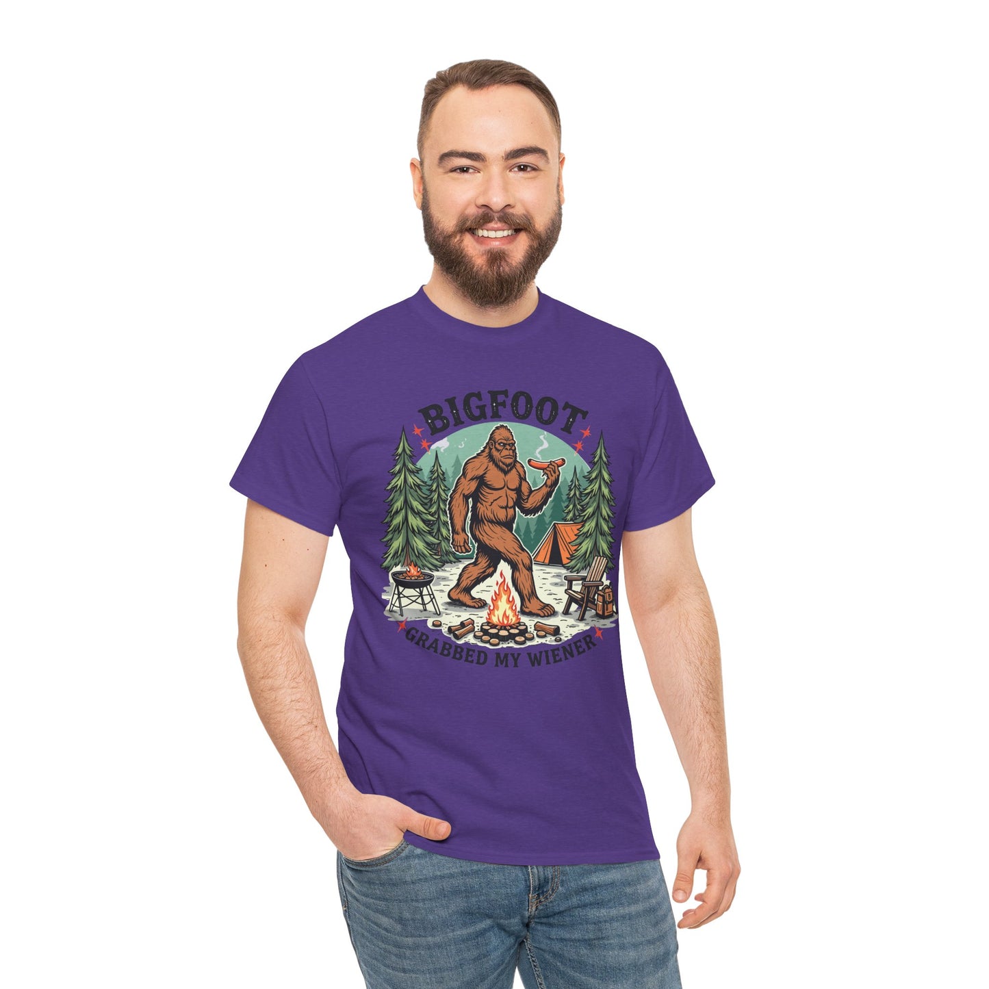 Bigfoot Campfire T-Shirt — "Bigfoot Grabbed My Wiener" Funny Camping Tee