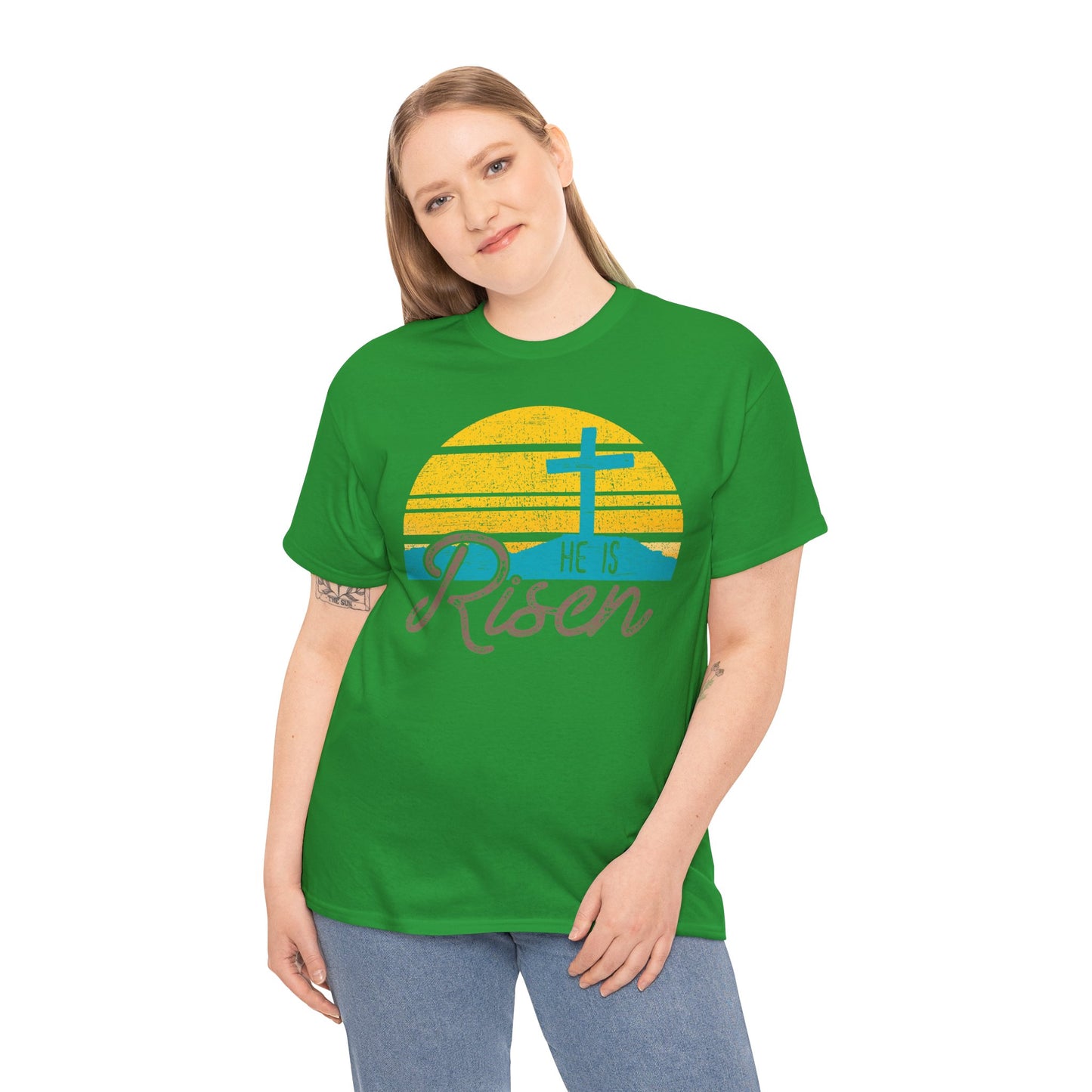 He Is Risen T-Shirt — Vintage Sunrise Cross Easter Tee