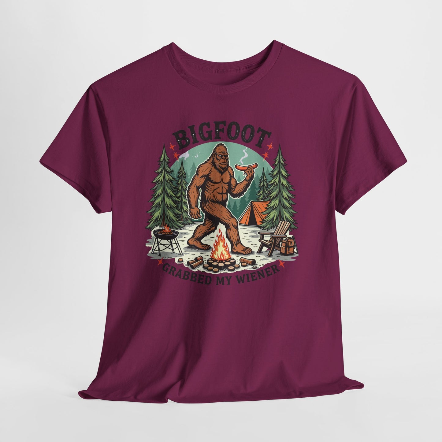 Bigfoot Campfire T-Shirt — "Bigfoot Grabbed My Wiener" Funny Camping Tee