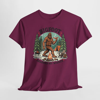 Bigfoot Campfire T-Shirt — "Bigfoot Grabbed My Wiener" Funny Camping Tee