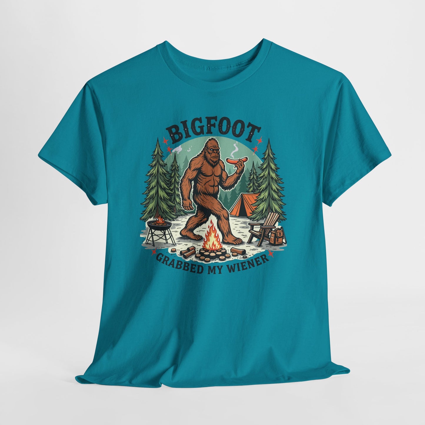Bigfoot Campfire T-Shirt — "Bigfoot Grabbed My Wiener" Funny Camping Tee