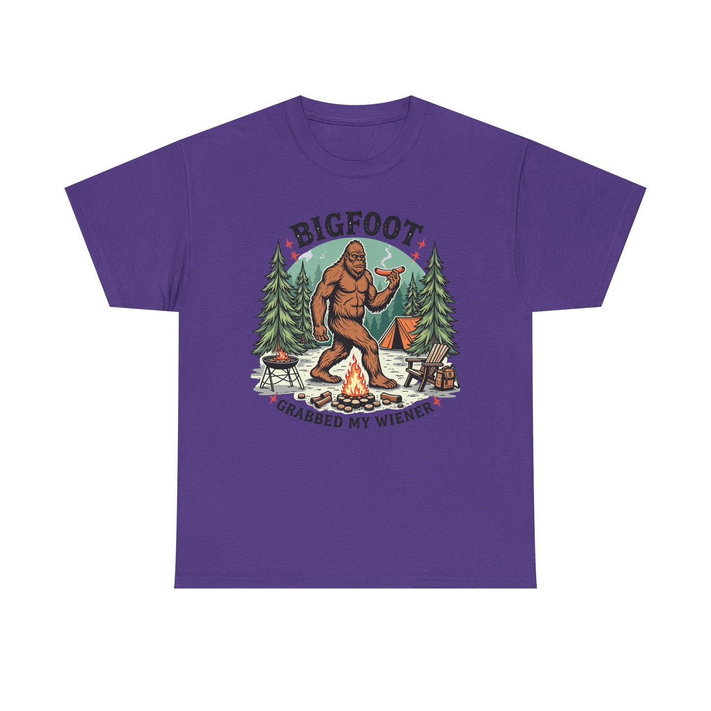Bigfoot Campfire T-Shirt — "Bigfoot Grabbed My Wiener" Funny Camping Tee