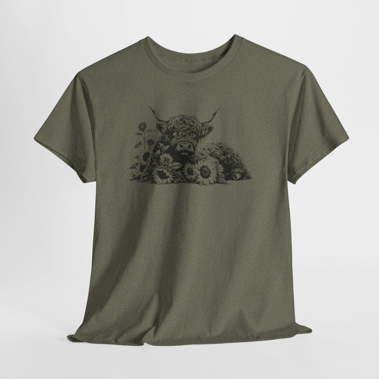 Highland Cow & Sunflowers T‑Shirt — Vintage Farm Animal Graphic Tee