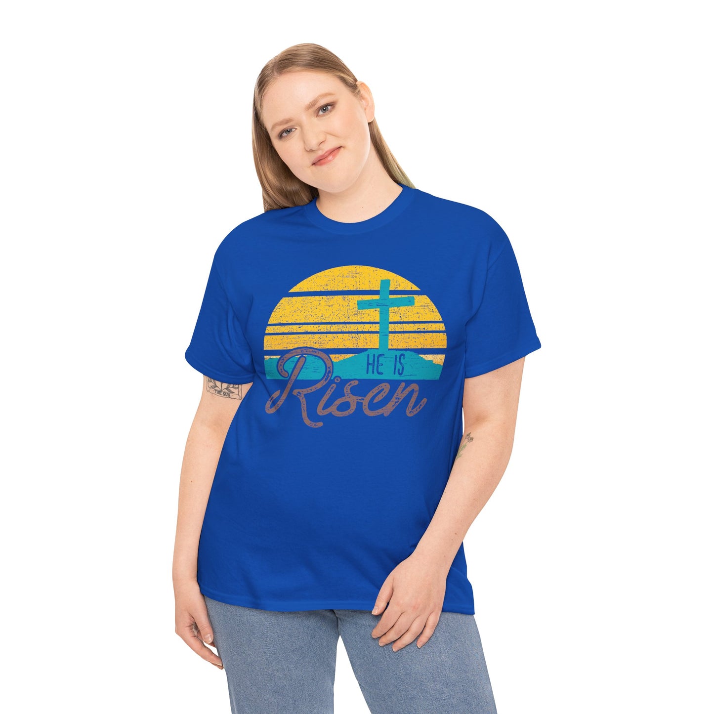He Is Risen T-Shirt — Vintage Sunrise Cross Easter Tee
