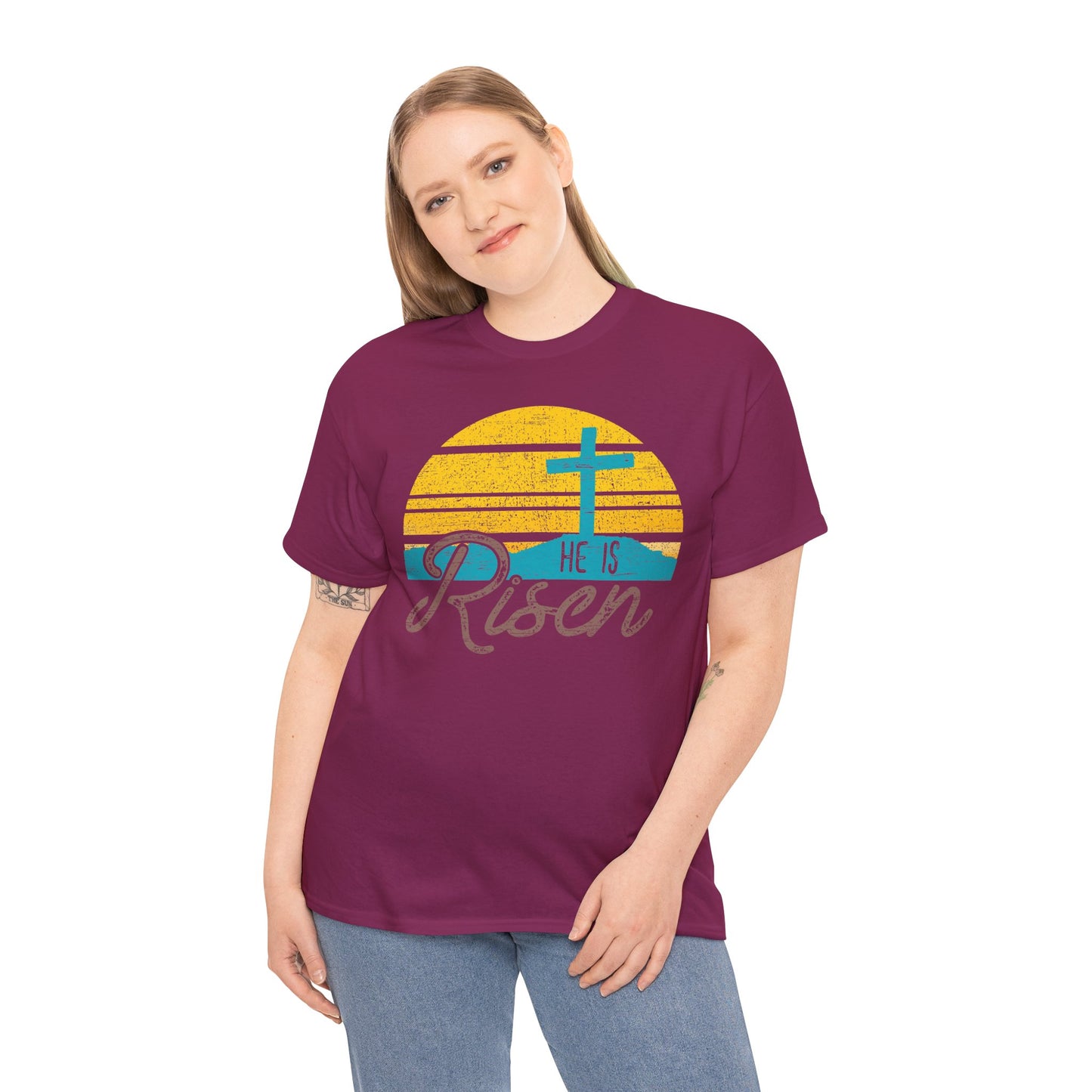 He Is Risen T-Shirt — Vintage Sunrise Cross Easter Tee