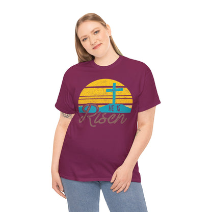 He Is Risen T-Shirt — Vintage Sunrise Cross Easter Tee