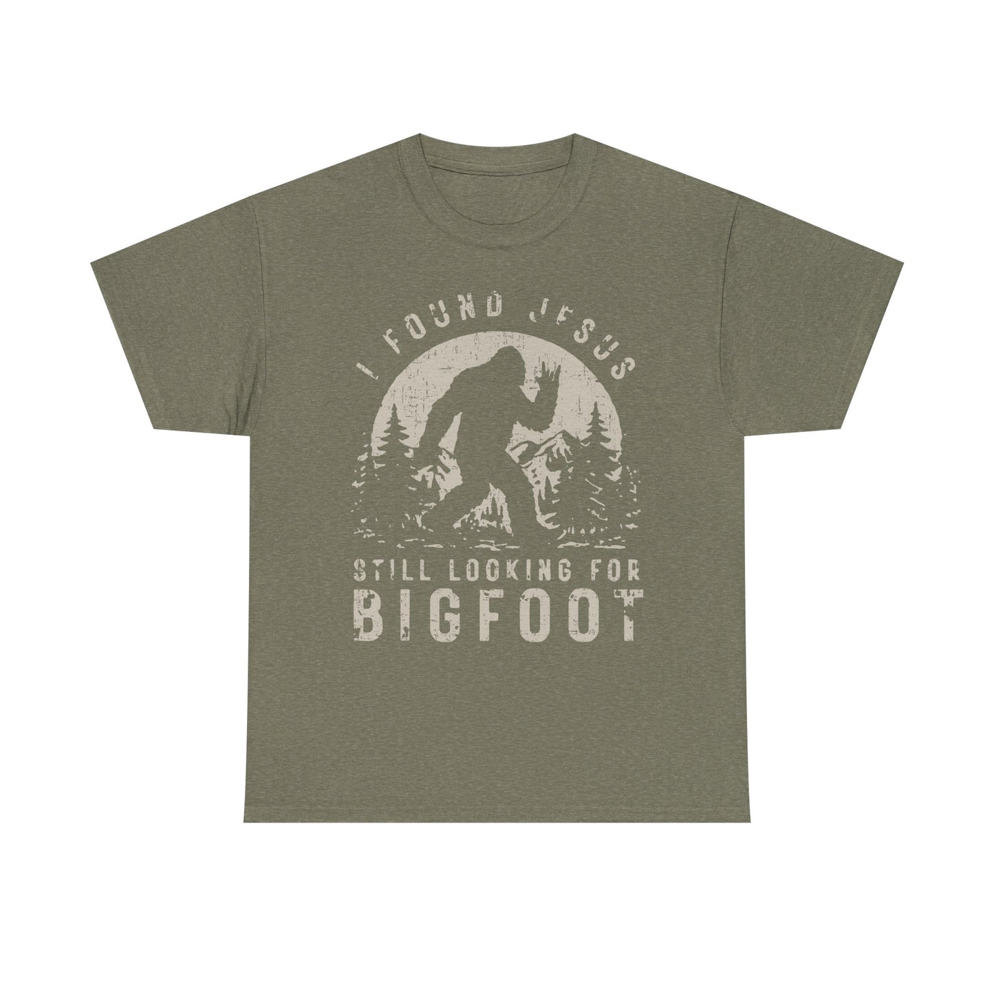 Bigfoot Graphic Tee -Tan — "I Found Jesus Still Looking for Bigfoot"