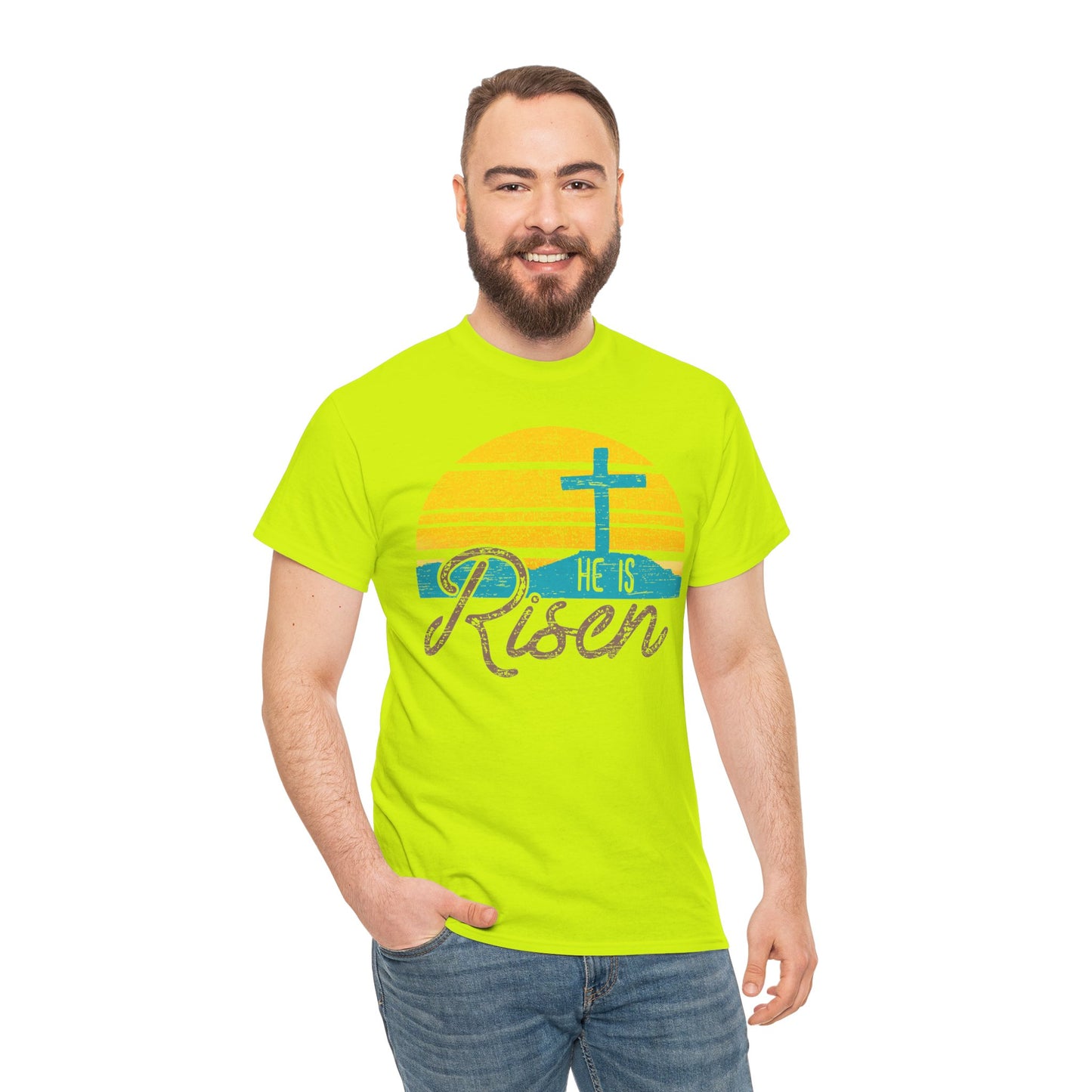He Is Risen T-Shirt — Vintage Sunrise Cross Easter Tee