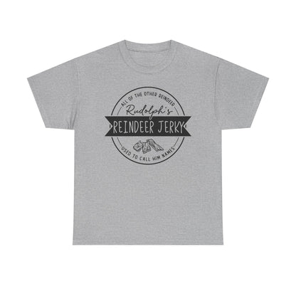 Reindeer Jerky Vintage Badge Tee — Funny Christmas Holiday Shirt