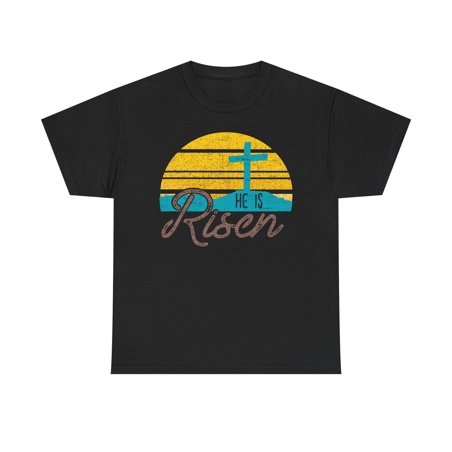 He Is Risen T-Shirt — Vintage Sunrise Cross Easter Tee