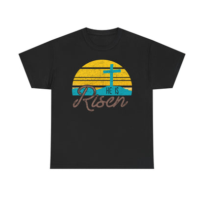 He Is Risen T-Shirt — Vintage Sunrise Cross Easter Tee