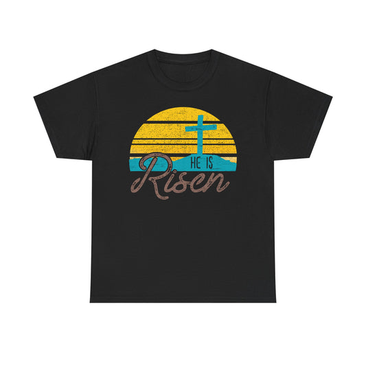 He Is Risen T-Shirt — Vintage Sunrise Cross Easter Tee