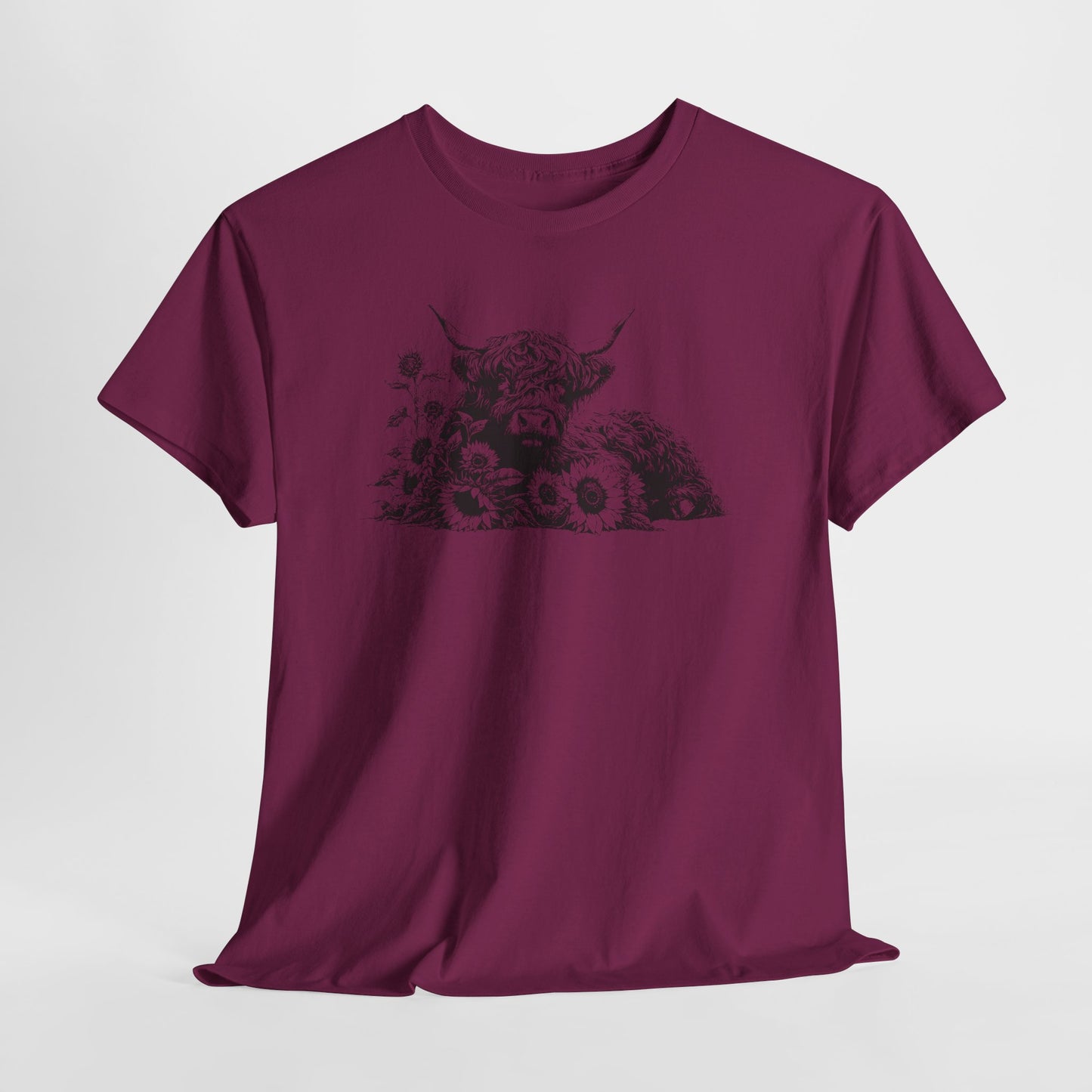 Highland Cow & Sunflowers T‑Shirt — Vintage Farm Animal Graphic Tee