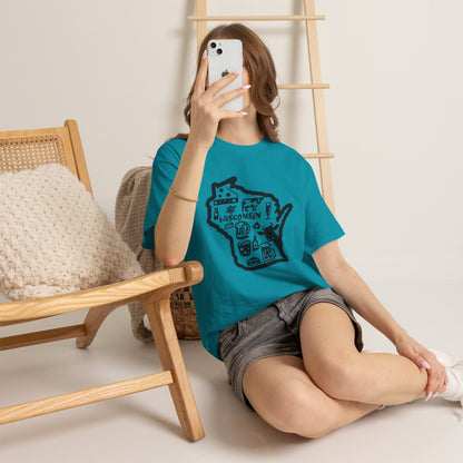 Wisconsin State Map Tee — Icons of Cheese, Beer & Outdoor Life
