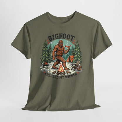 Bigfoot Campfire T-Shirt — "Bigfoot Grabbed My Wiener" Funny Camping Tee