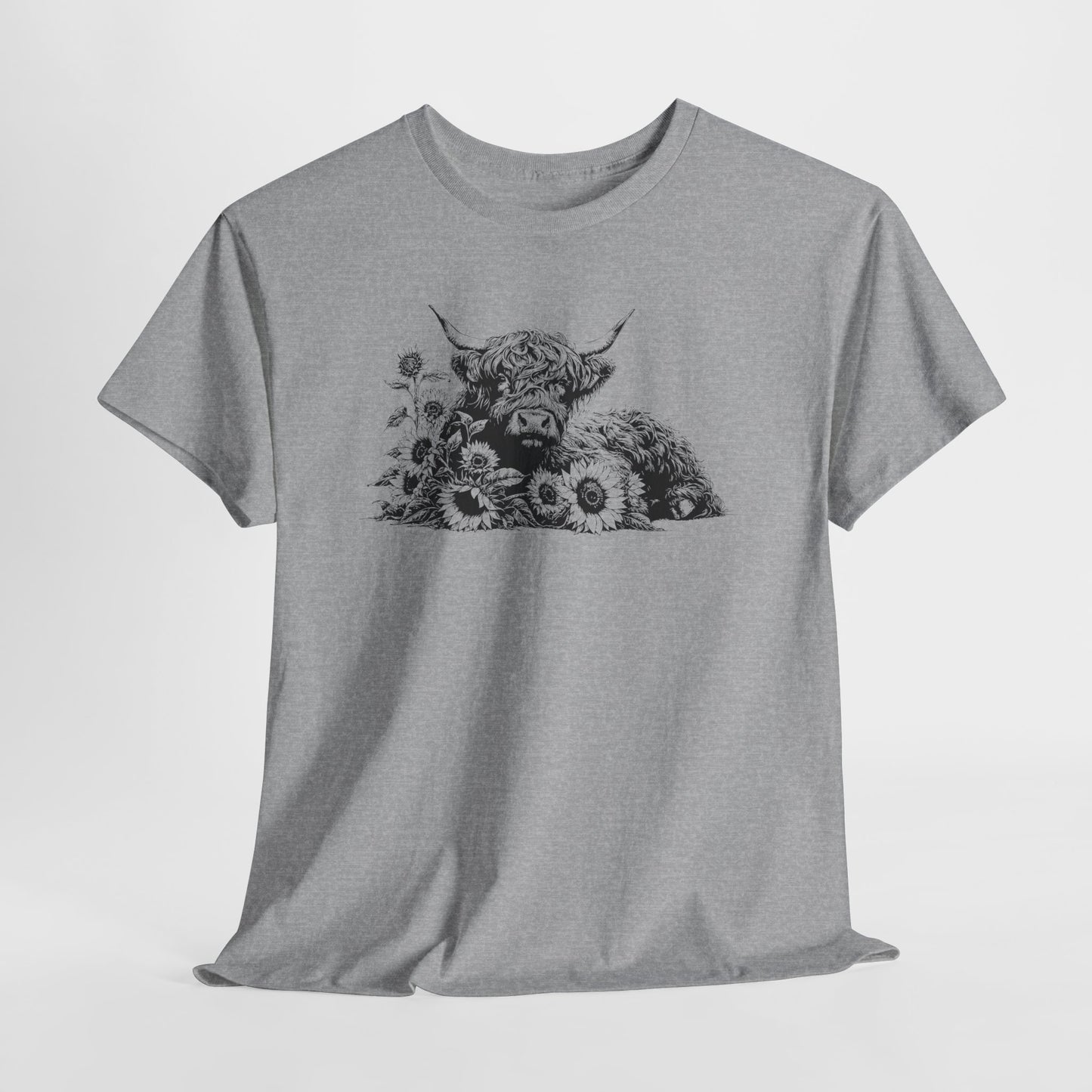 Highland Cow & Sunflowers T‑Shirt — Vintage Farm Animal Graphic Tee