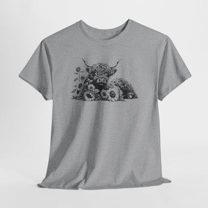Highland Cow & Sunflowers T‑Shirt — Vintage Farm Animal Graphic Tee