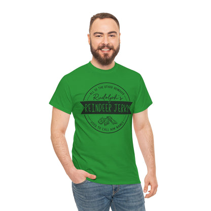 Reindeer Jerky Vintage Badge Tee — Funny Christmas Holiday Shirt